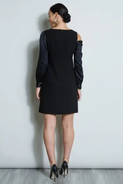Elie Tahari Dresses & Jumpsuits|Long Sleeve Dresses-Draped Satin Shoulder Dress BLACK