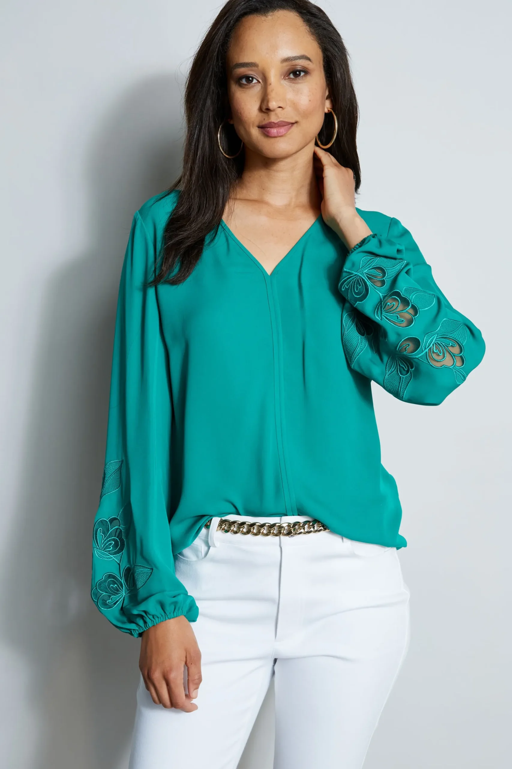 Elie Tahari Tops & Sweaters-Embroidered Long Sleeve Shirt TAHITIGREEN