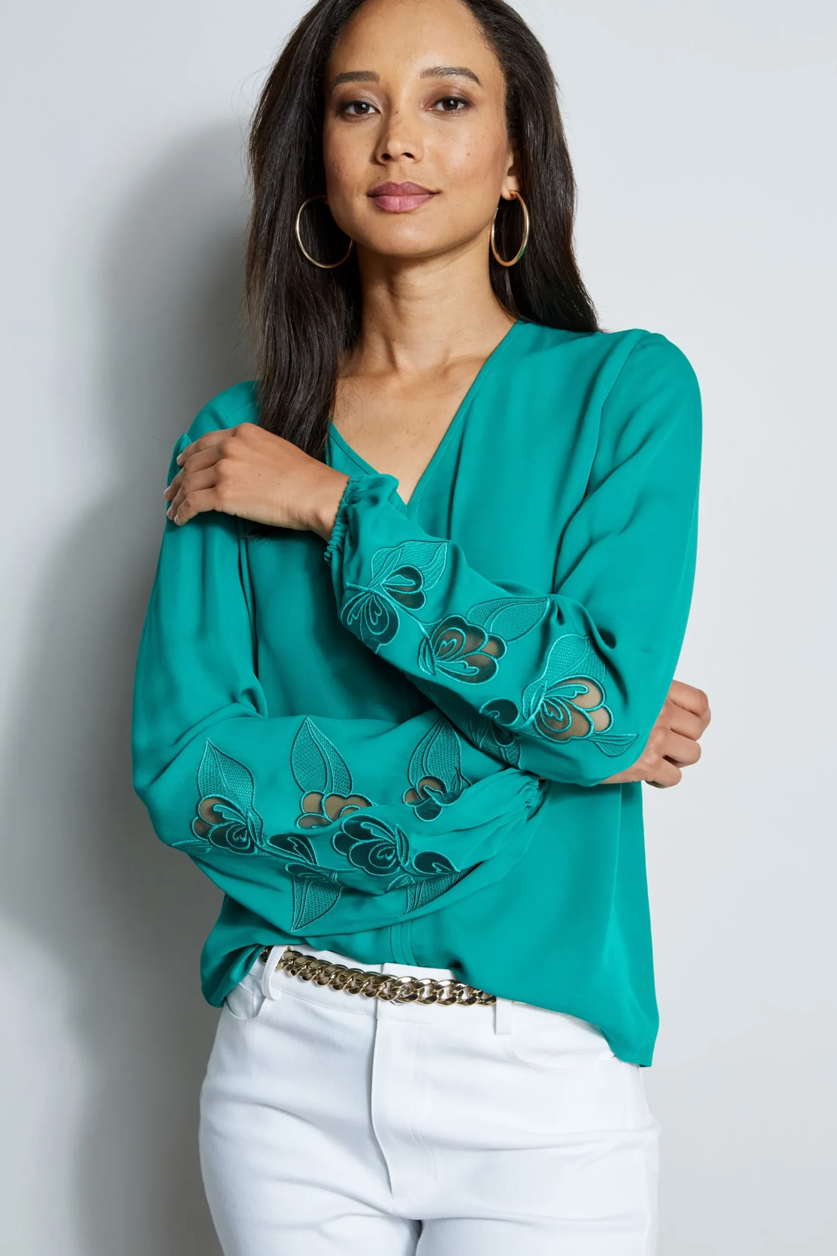 Elie Tahari Tops & Sweaters-Embroidered Long Sleeve Shirt TAHITIGREEN