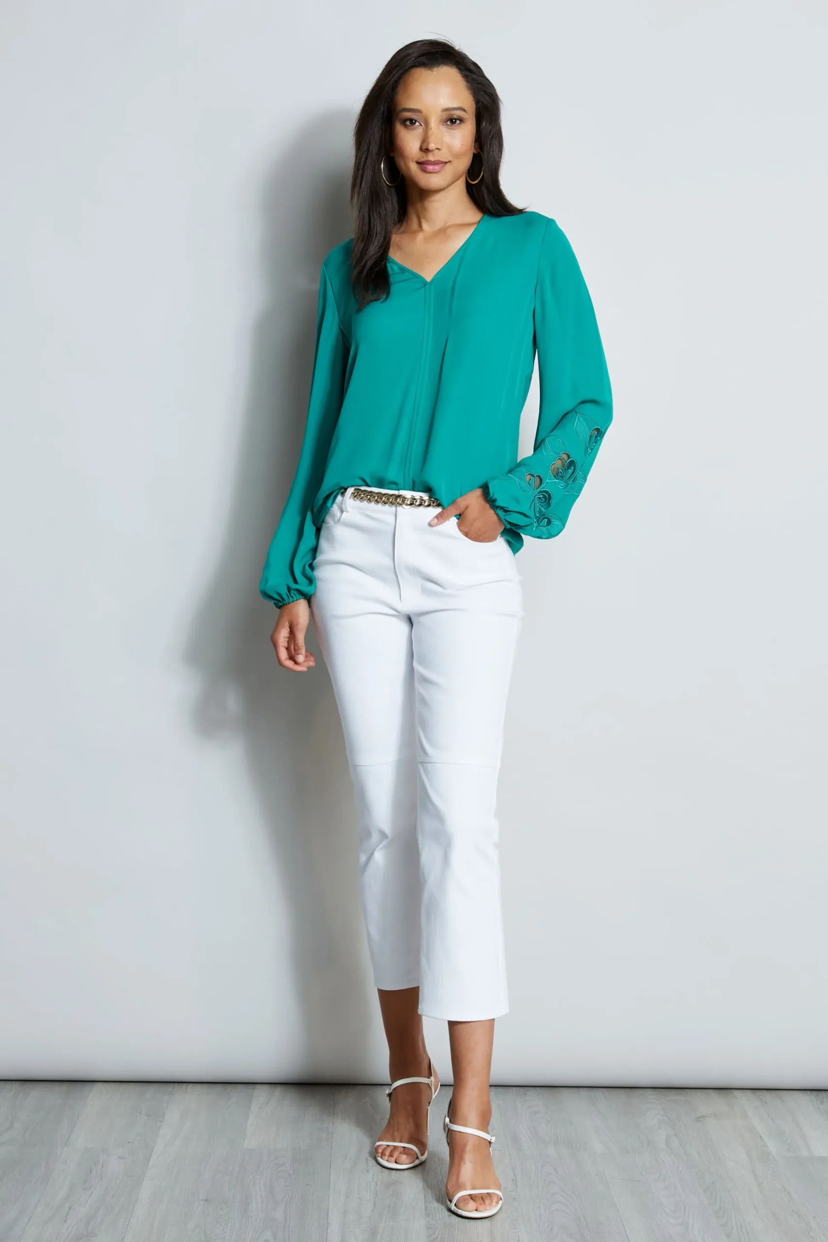 Elie Tahari Tops & Sweaters-Embroidered Long Sleeve Shirt TAHITIGREEN