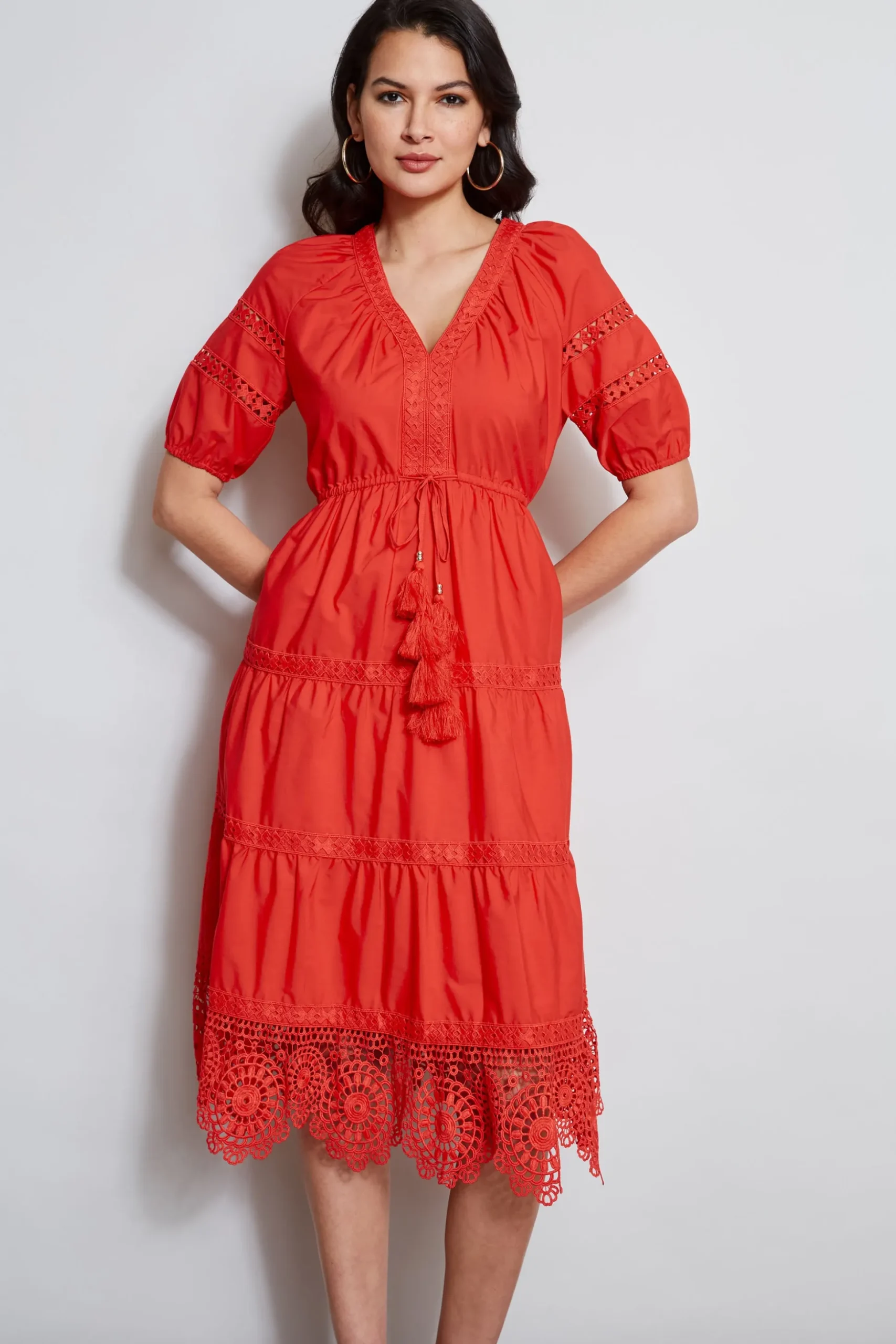 Elie Tahari Dresses & Jumpsuits|Short Sleeve Dresses-Embroidered Short Sleeve Dress CAYENNE