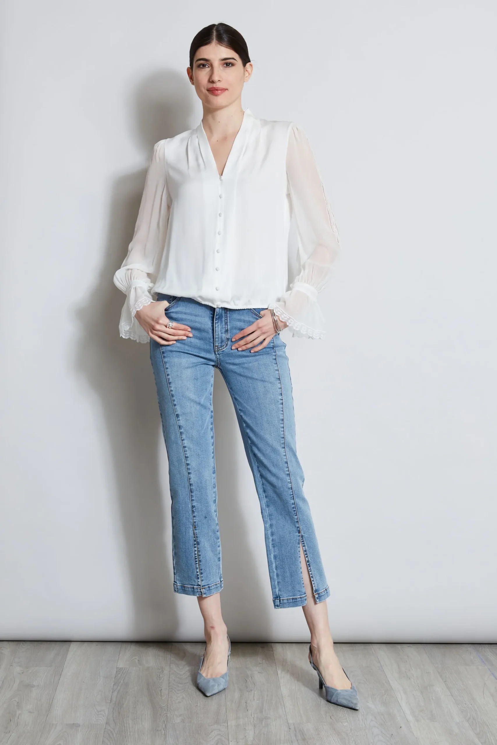 Elie Tahari Tops & Sweaters-Embroidered Sleeve Blouson Shirt FRESHPEARL