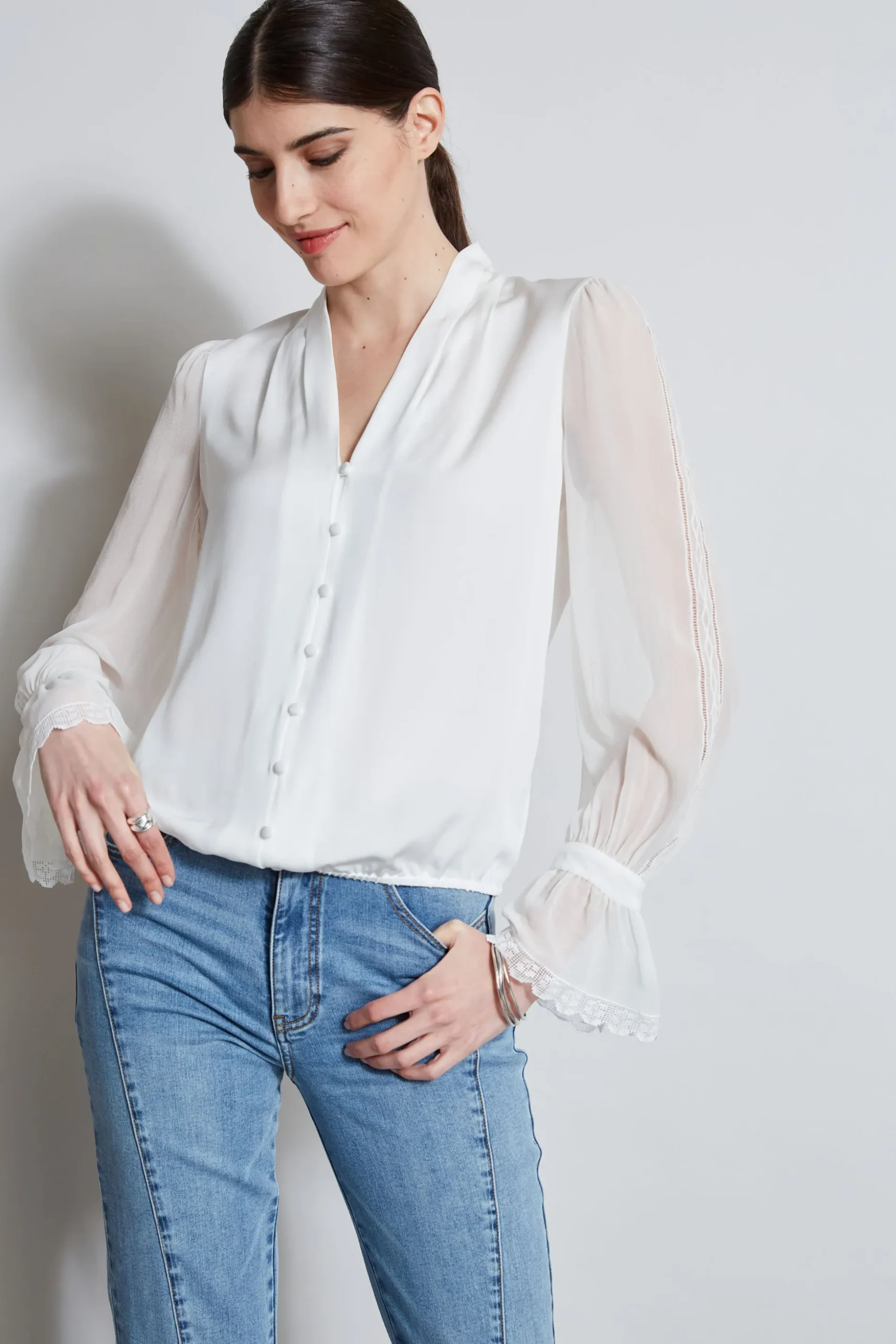 Elie Tahari Tops & Sweaters-Embroidered Sleeve Blouson Shirt FRESHPEARL