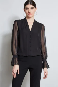 Elie Tahari Tops & Sweaters-Embroidered Sleeve Blouson Shirt BLACK
