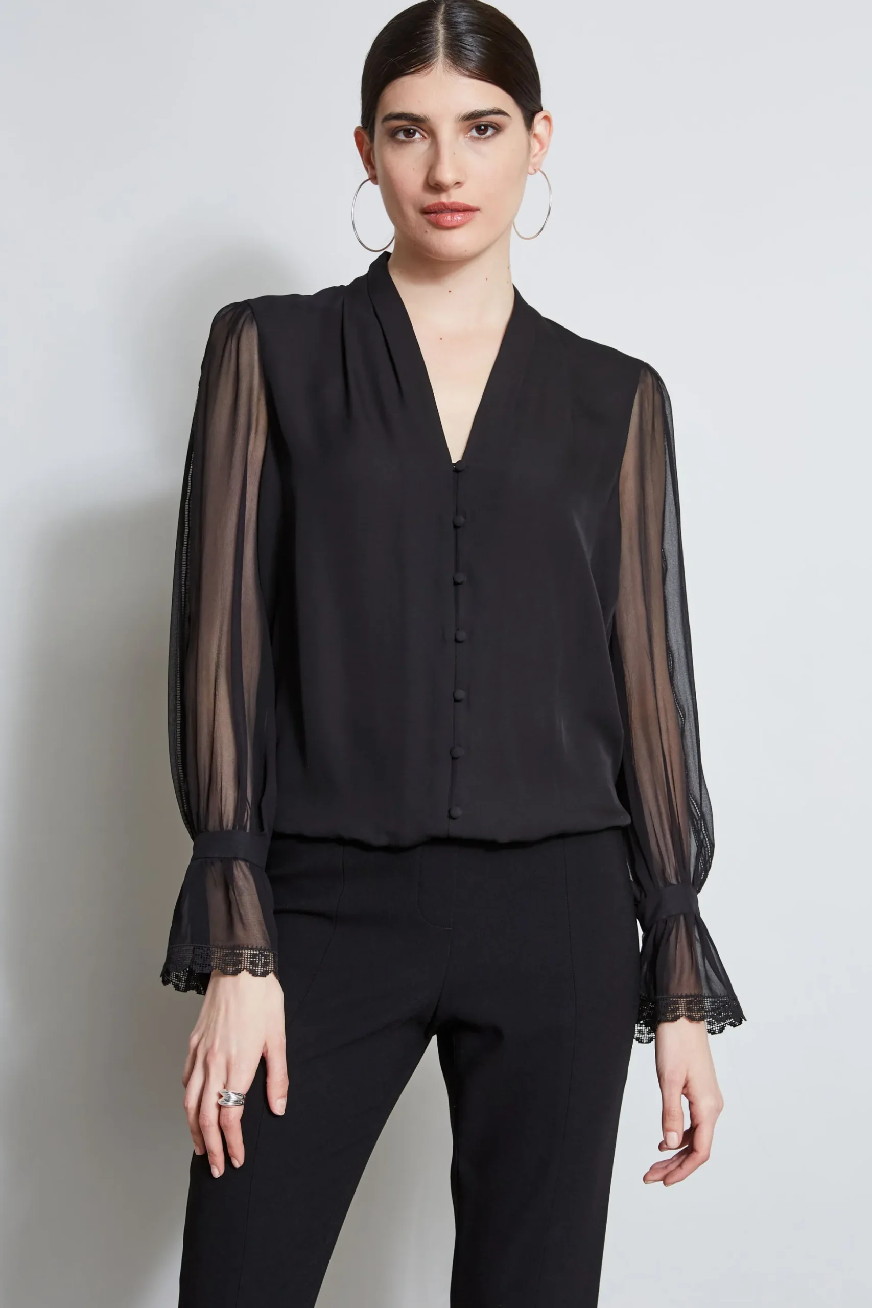 Elie Tahari Tops & Sweaters-Embroidered Sleeve Blouson Shirt BLACK