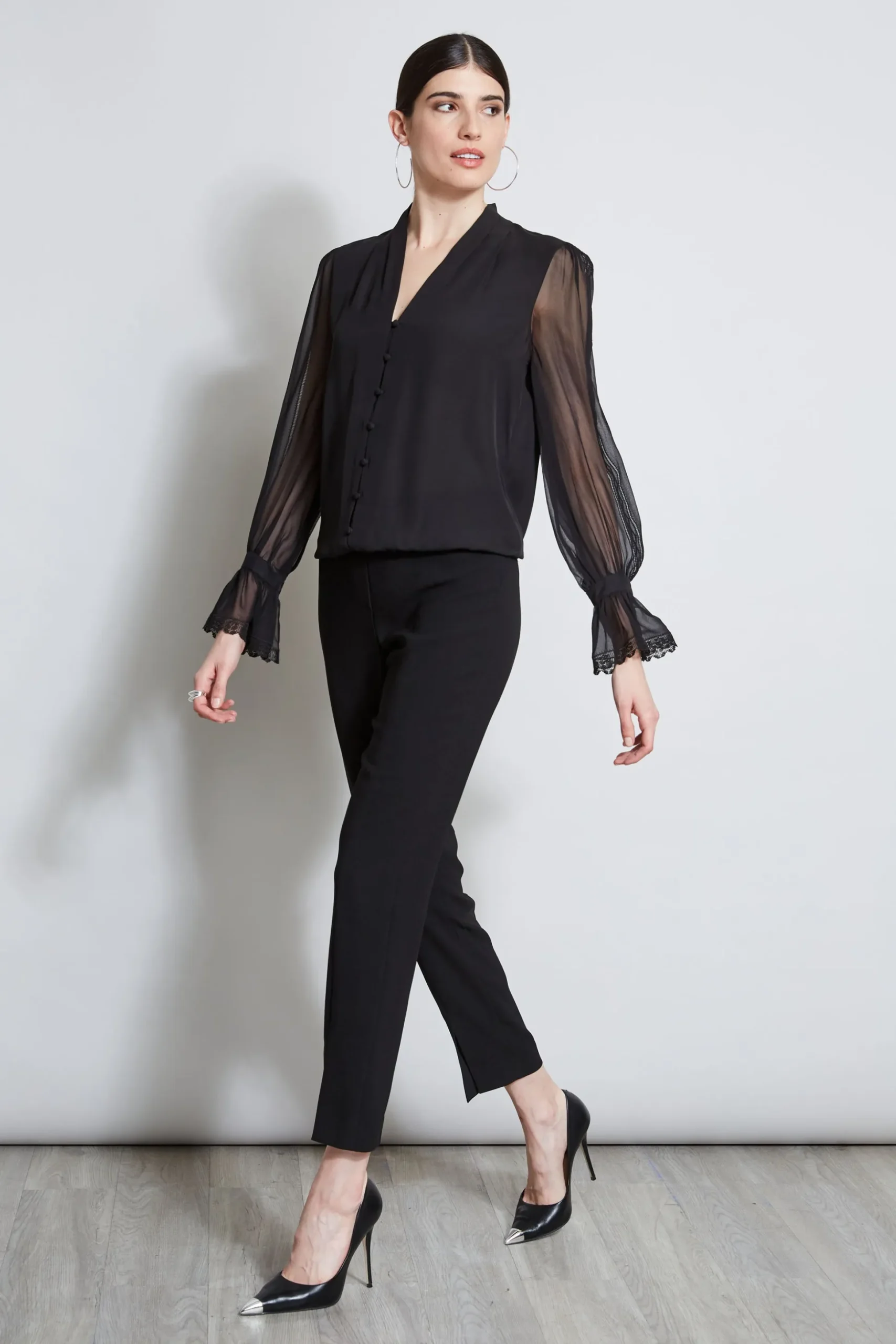 Elie Tahari Tops & Sweaters-Embroidered Sleeve Blouson Shirt BLACK