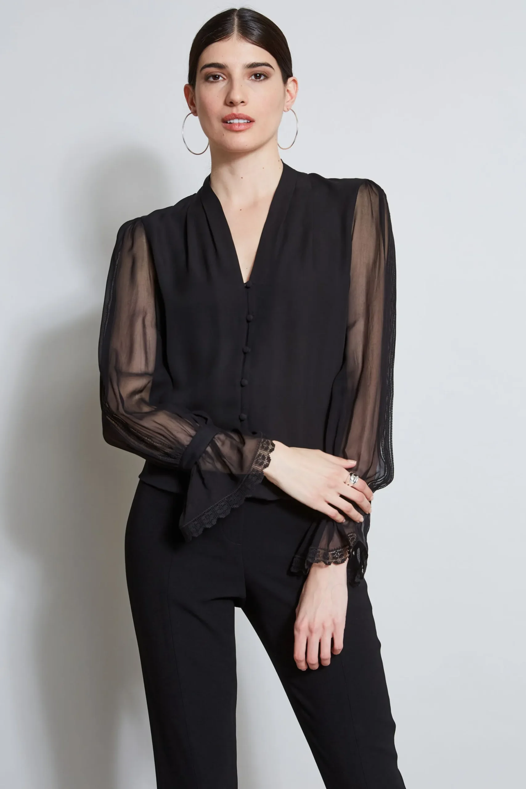 Elie Tahari Tops & Sweaters-Embroidered Sleeve Blouson Shirt BLACK