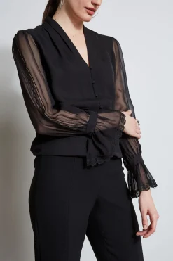 Elie Tahari Tops & Sweaters-Embroidered Sleeve Blouson Shirt BLACK