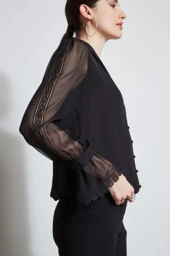 Elie Tahari Tops & Sweaters-Embroidered Sleeve Blouson Shirt BLACK