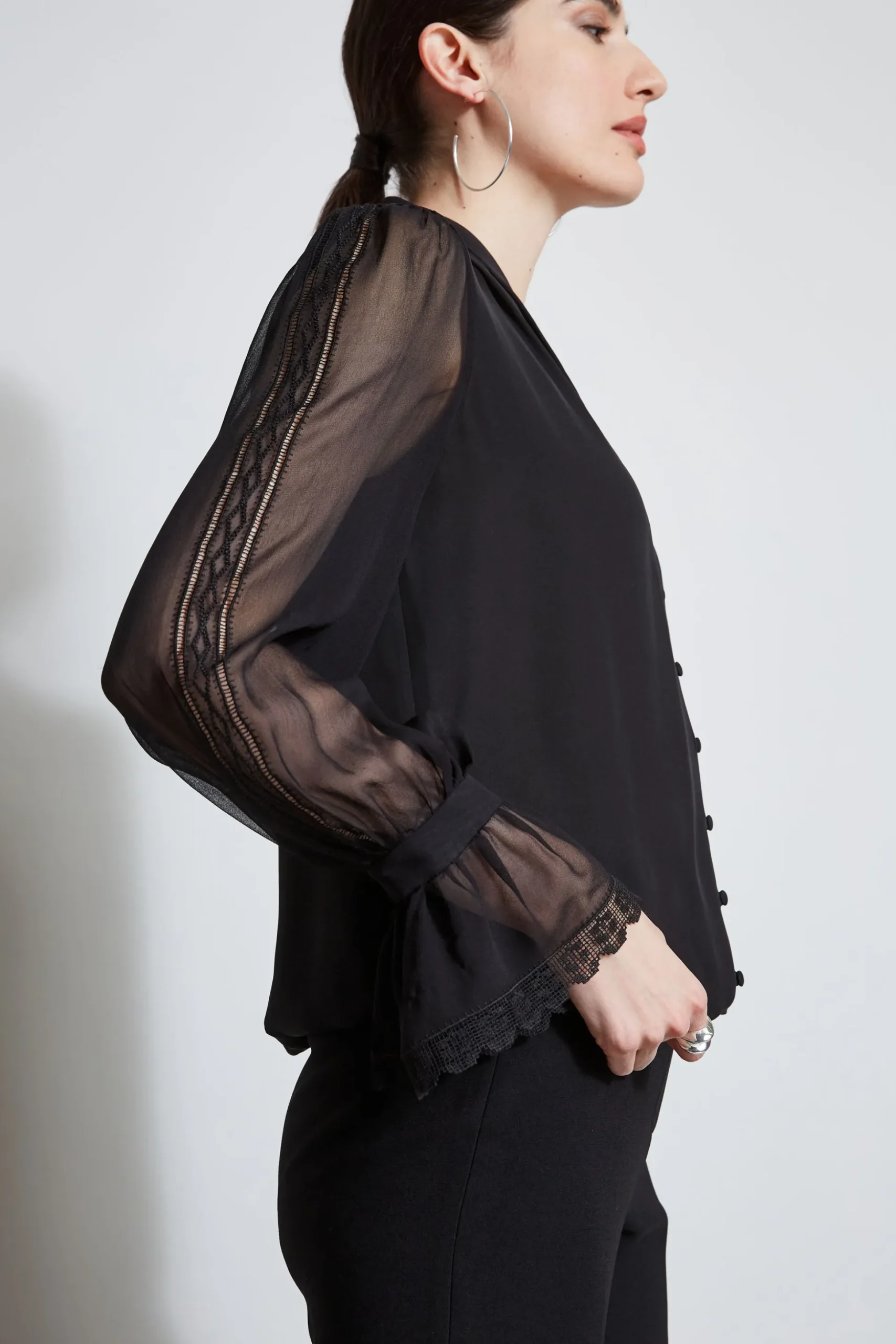 Elie Tahari Tops & Sweaters-Embroidered Sleeve Blouson Shirt BLACK