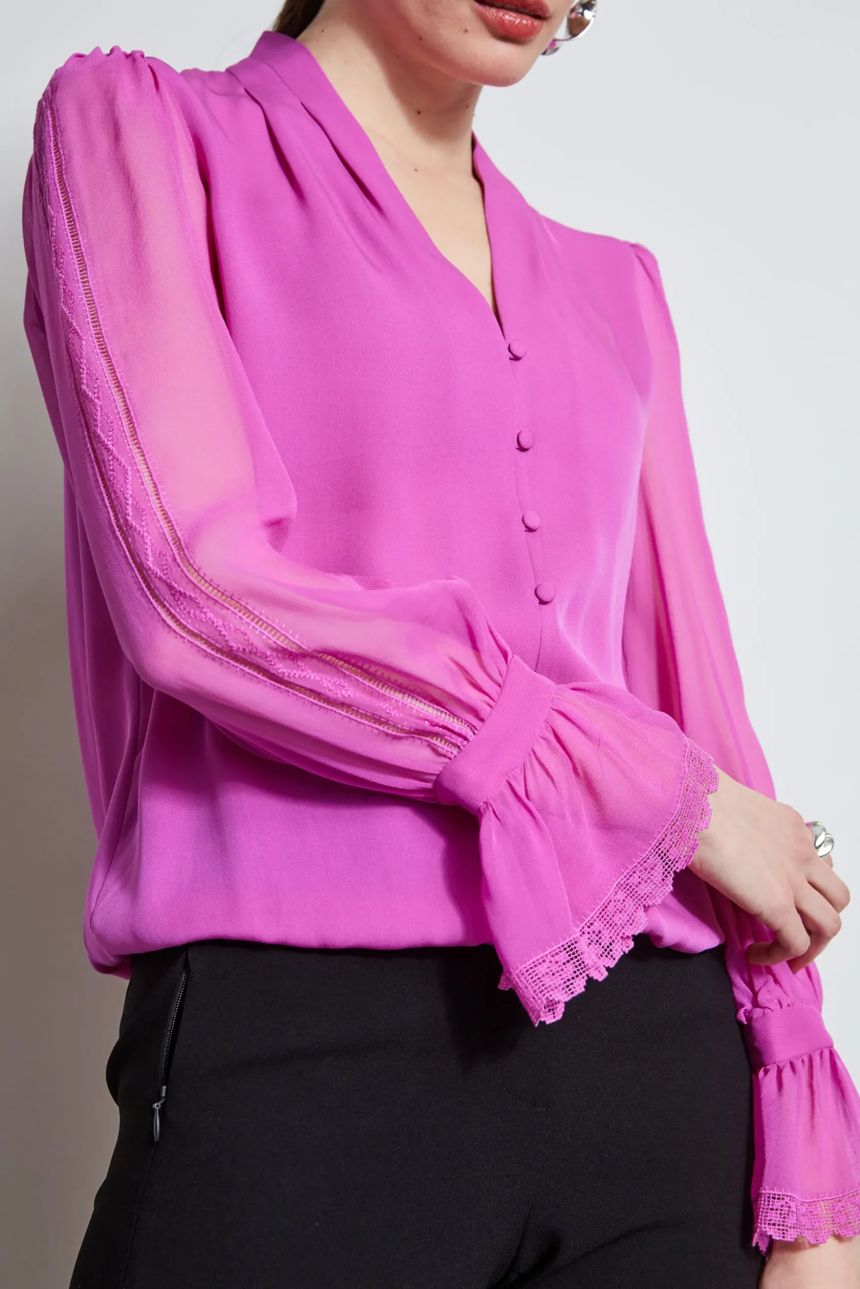 Elie Tahari Tops & Sweaters-Embroidered Sleeve Blouson Shirt PEONY