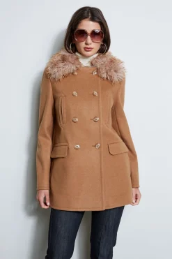 Elie Tahari Coats-Faux Fur Collar Peacoat CAMEL