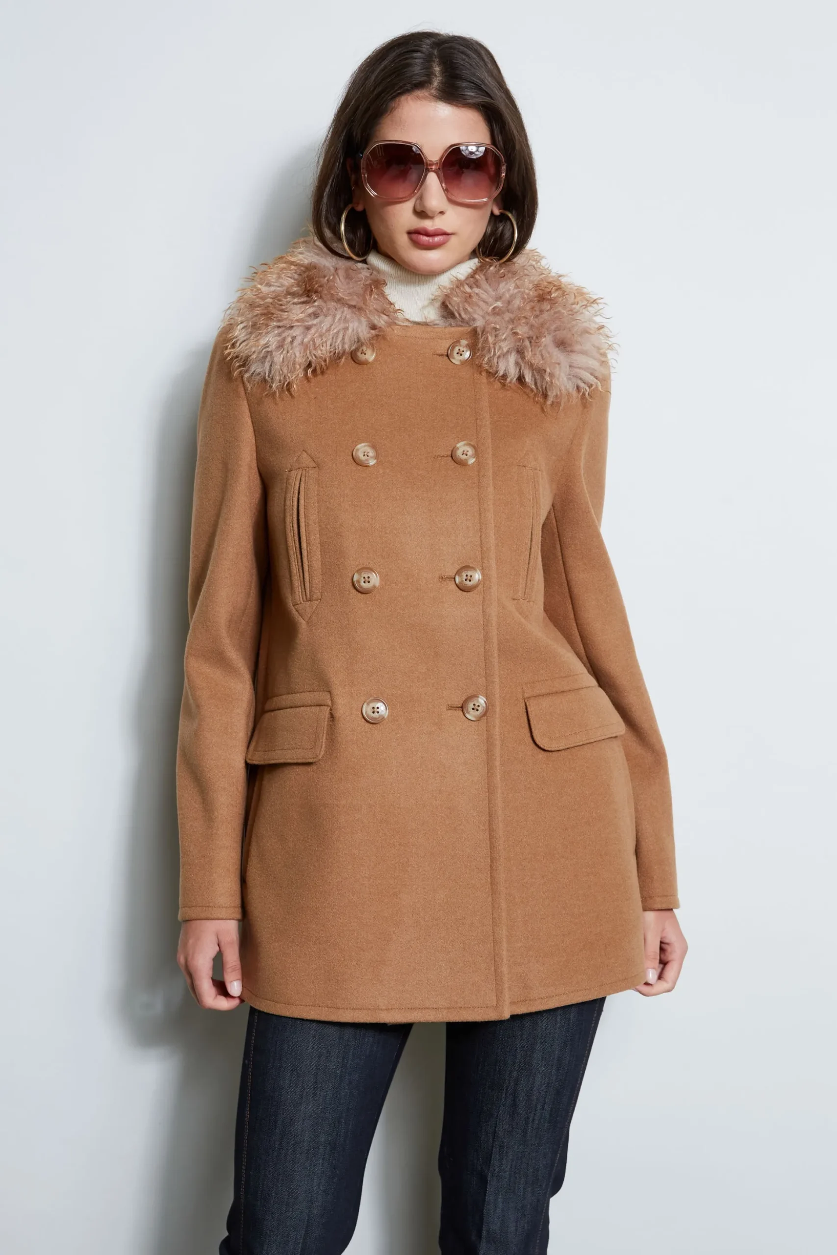 Elie Tahari Coats-Faux Fur Collar Peacoat CAMEL