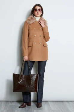 Elie Tahari Coats-Faux Fur Collar Peacoat CAMEL