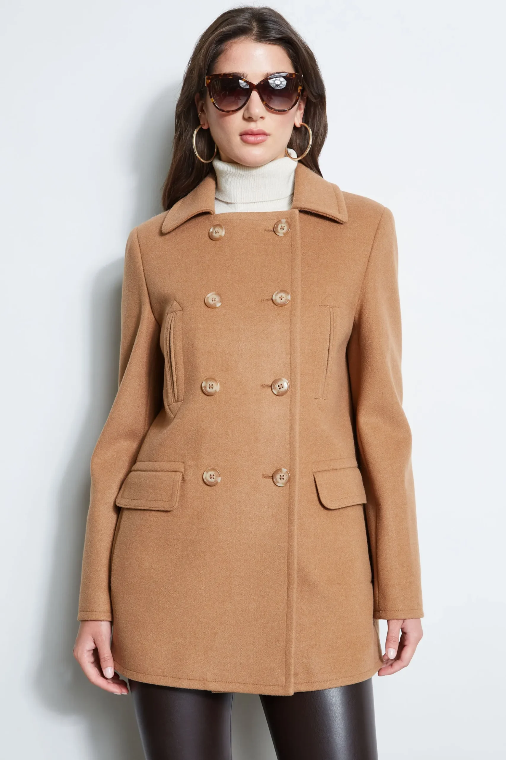 Elie Tahari Coats-Faux Fur Collar Peacoat CAMEL