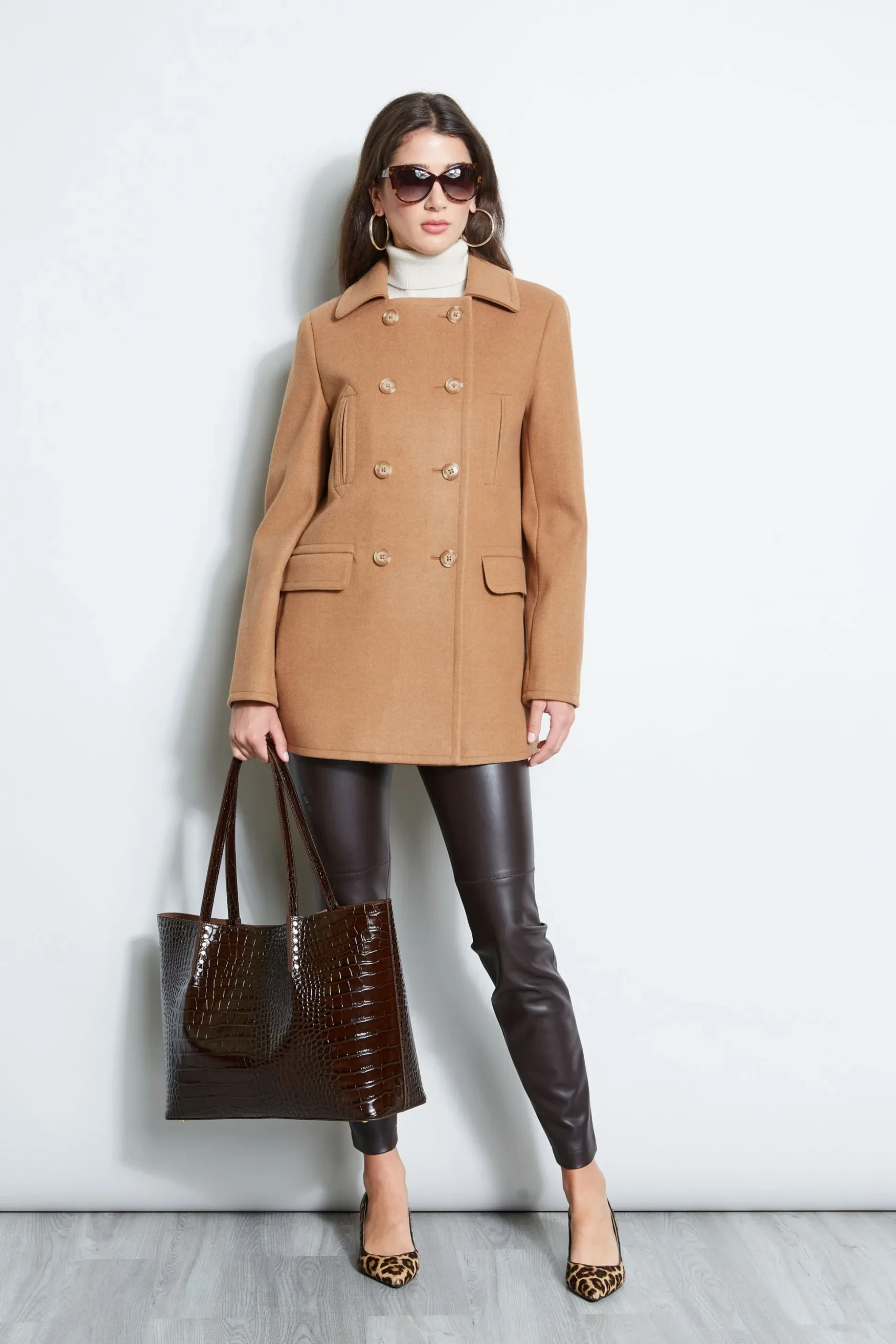 Elie Tahari Coats-Faux Fur Collar Peacoat CAMEL