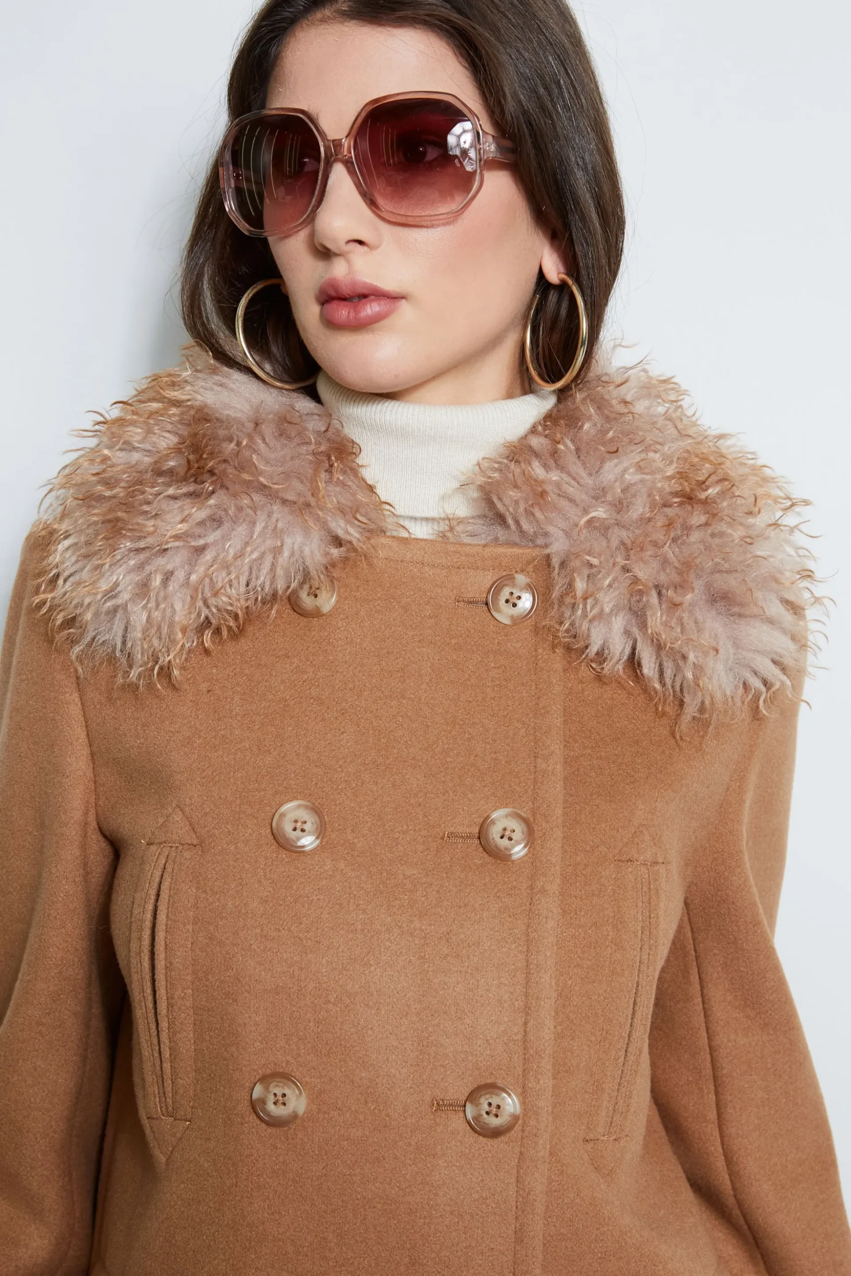 Elie Tahari Coats-Faux Fur Collar Peacoat CAMEL
