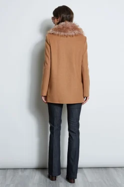 Elie Tahari Coats-Faux Fur Collar Peacoat CAMEL