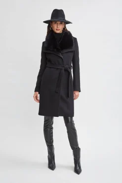 Elie Tahari Coats-Faux Fur Collar Wool Wrap Coat BLACK