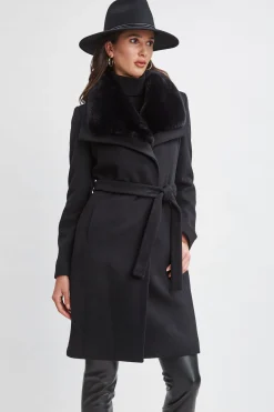 Elie Tahari Coats-Faux Fur Collar Wool Wrap Coat BLACK