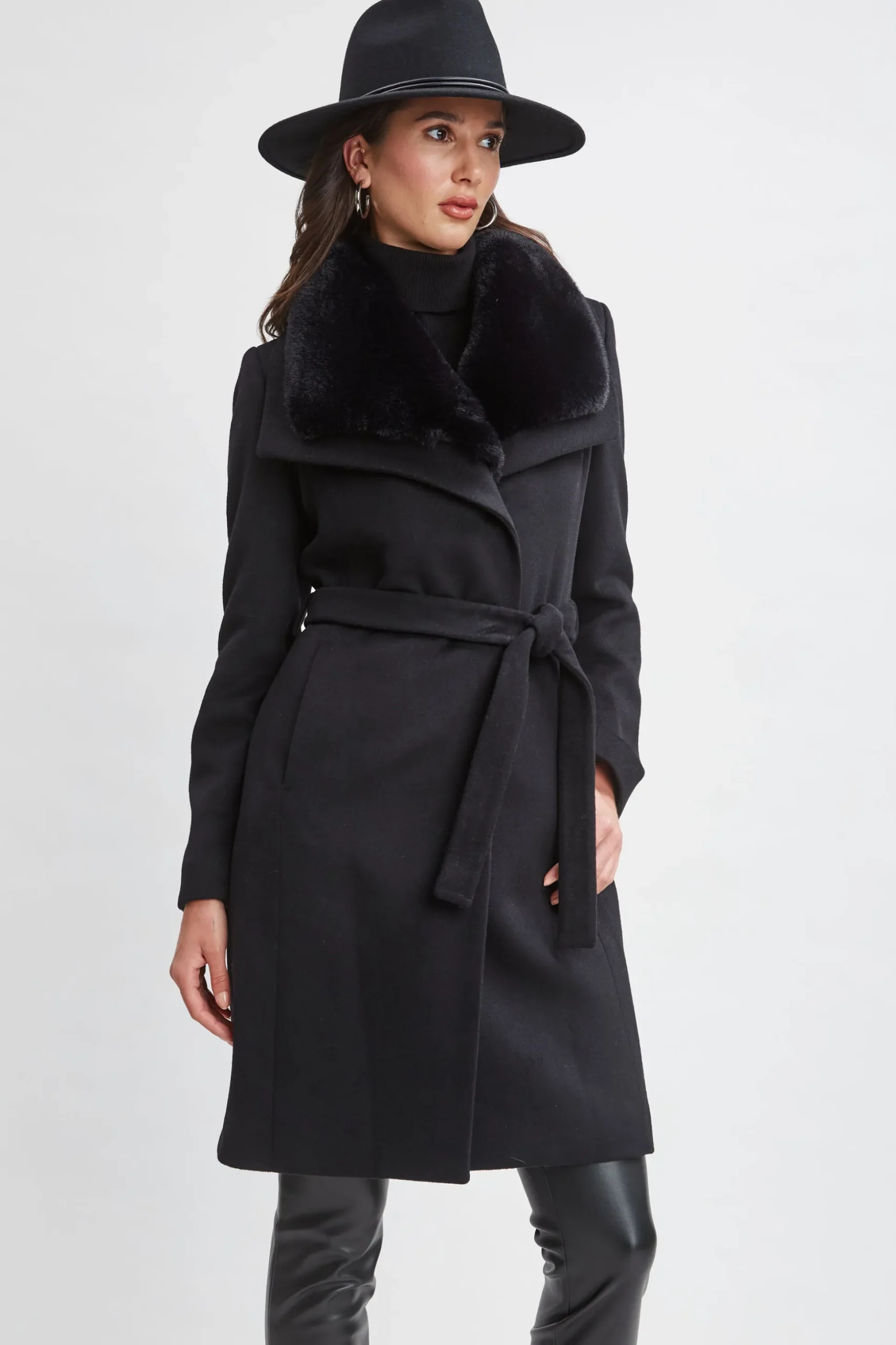 Elie Tahari Coats-Faux Fur Collar Wool Wrap Coat BLACK