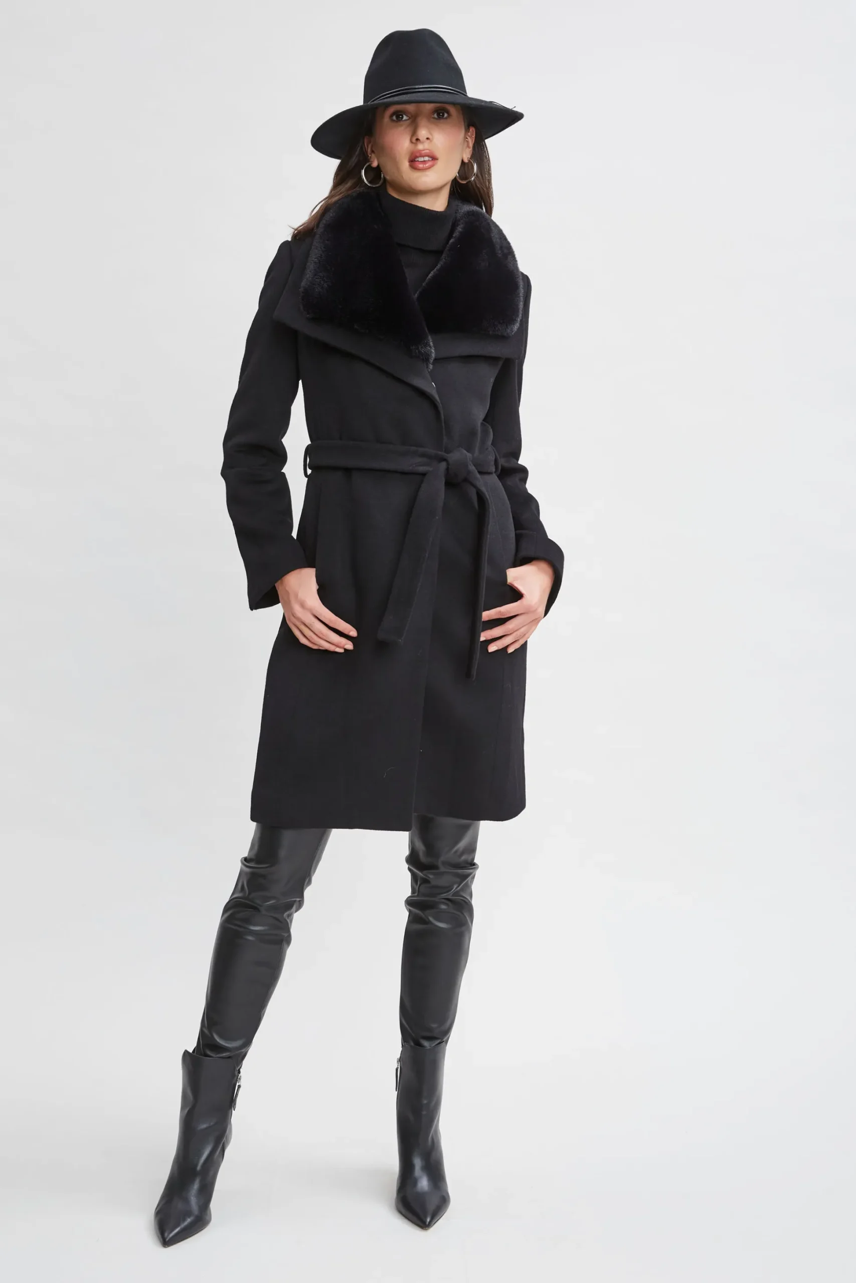 Elie Tahari Coats-Faux Fur Collar Wool Wrap Coat BLACK
