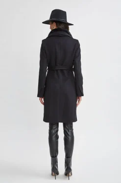 Elie Tahari Coats-Faux Fur Collar Wool Wrap Coat BLACK
