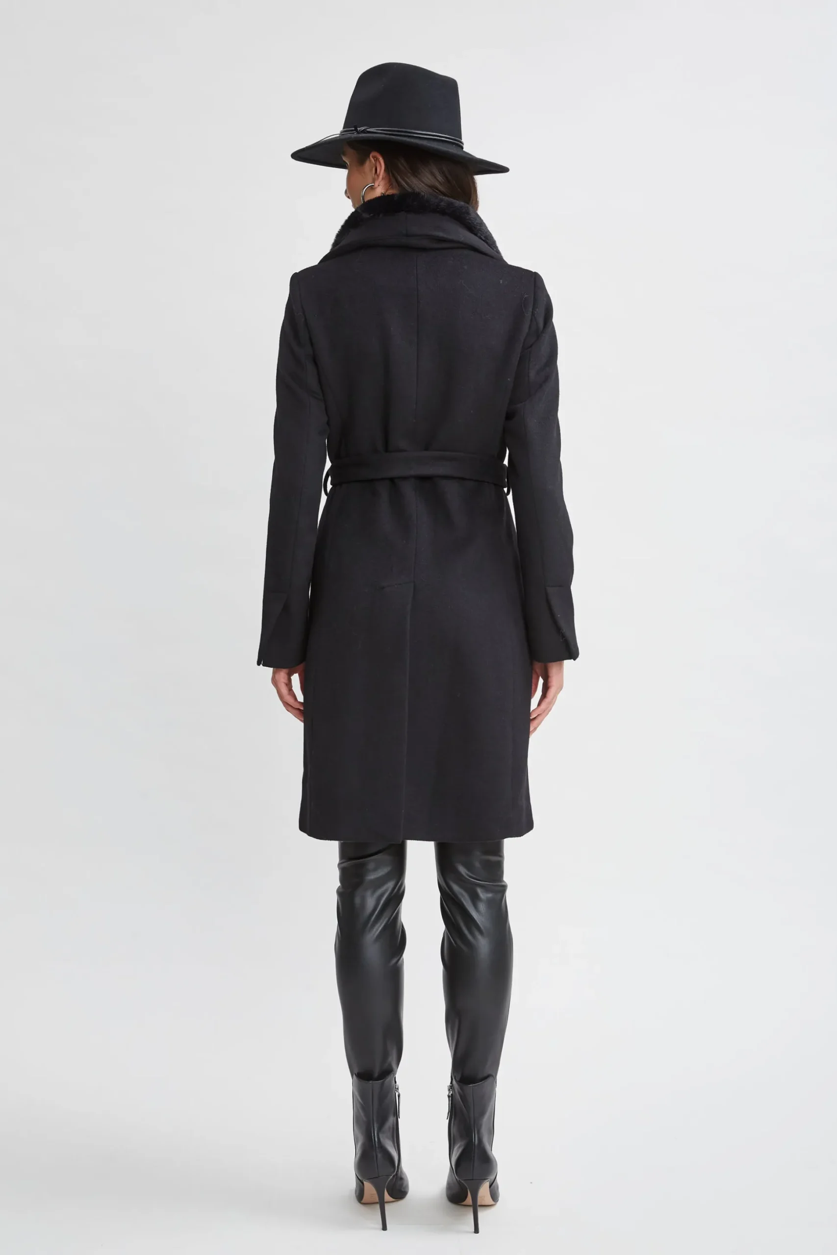 Elie Tahari Coats-Faux Fur Collar Wool Wrap Coat BLACK