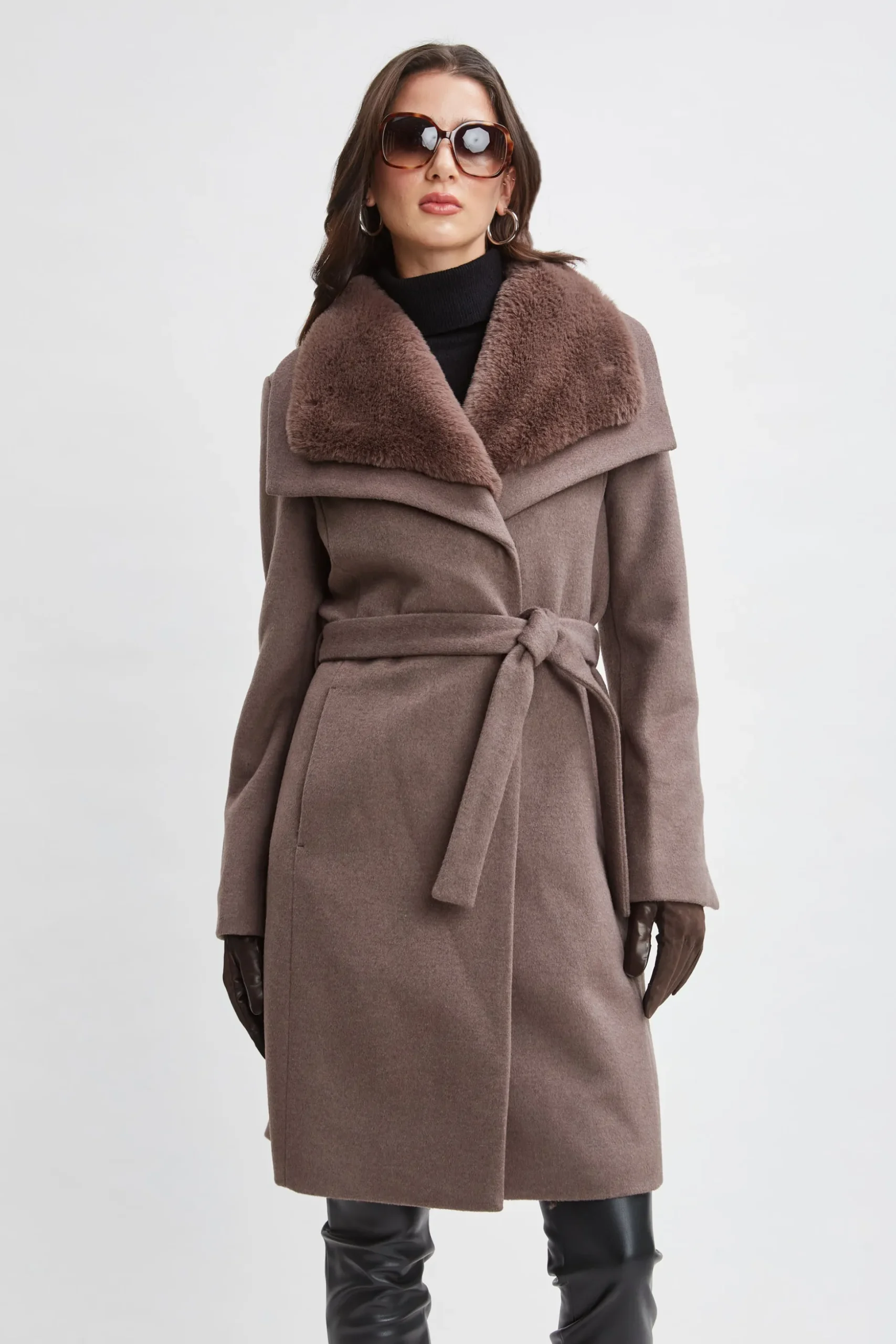 Elie Tahari Coats-Faux Fur Collar Wool Wrap Coat Mink