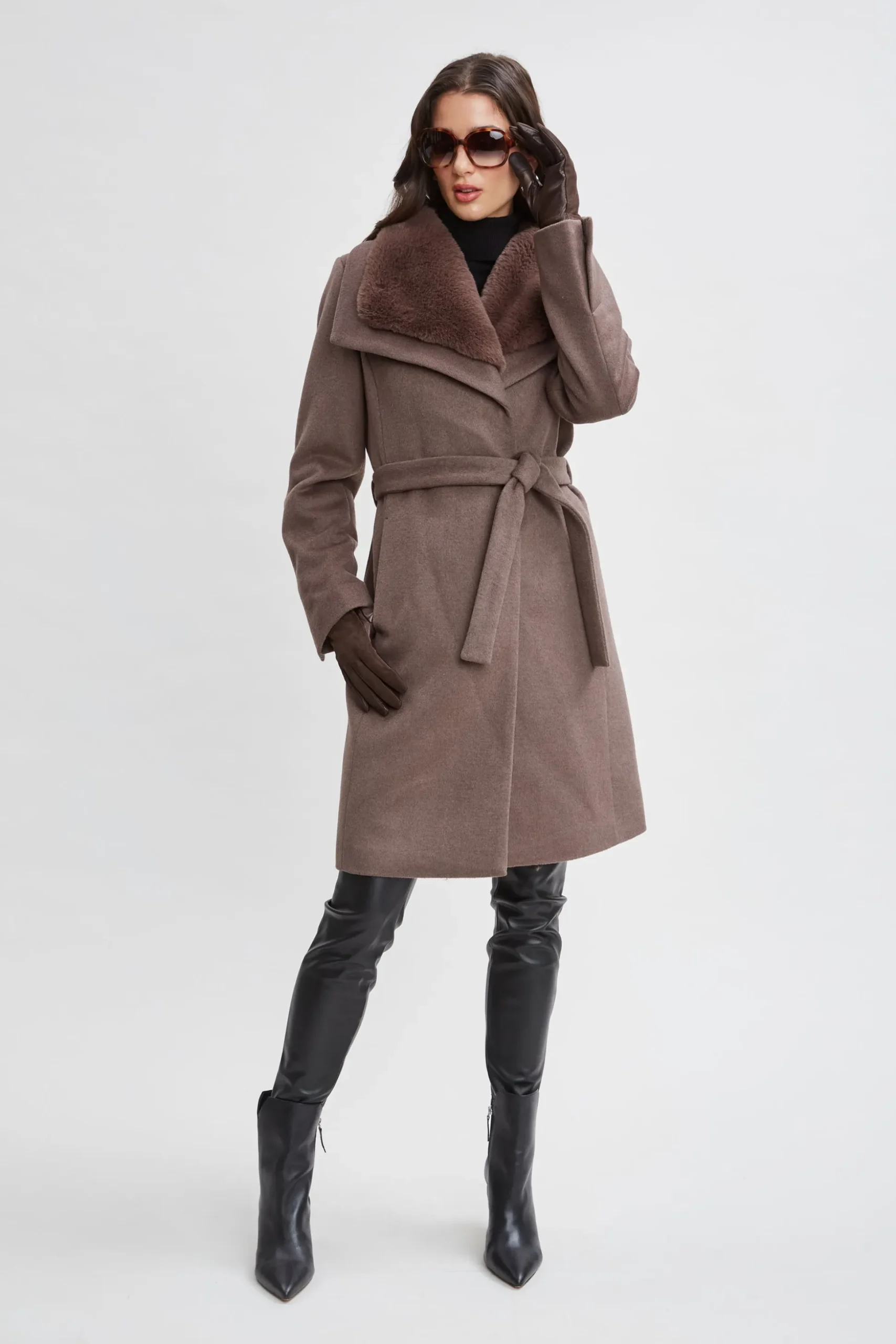 Elie Tahari Coats-Faux Fur Collar Wool Wrap Coat Mink