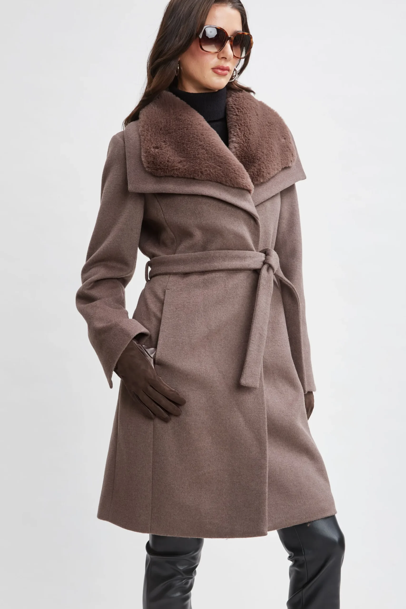Elie Tahari Coats-Faux Fur Collar Wool Wrap Coat Mink
