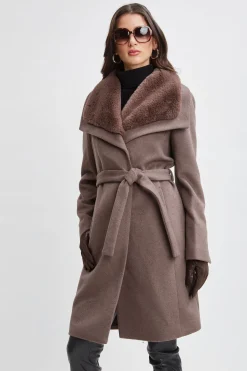 Elie Tahari Coats-Faux Fur Collar Wool Wrap Coat Mink