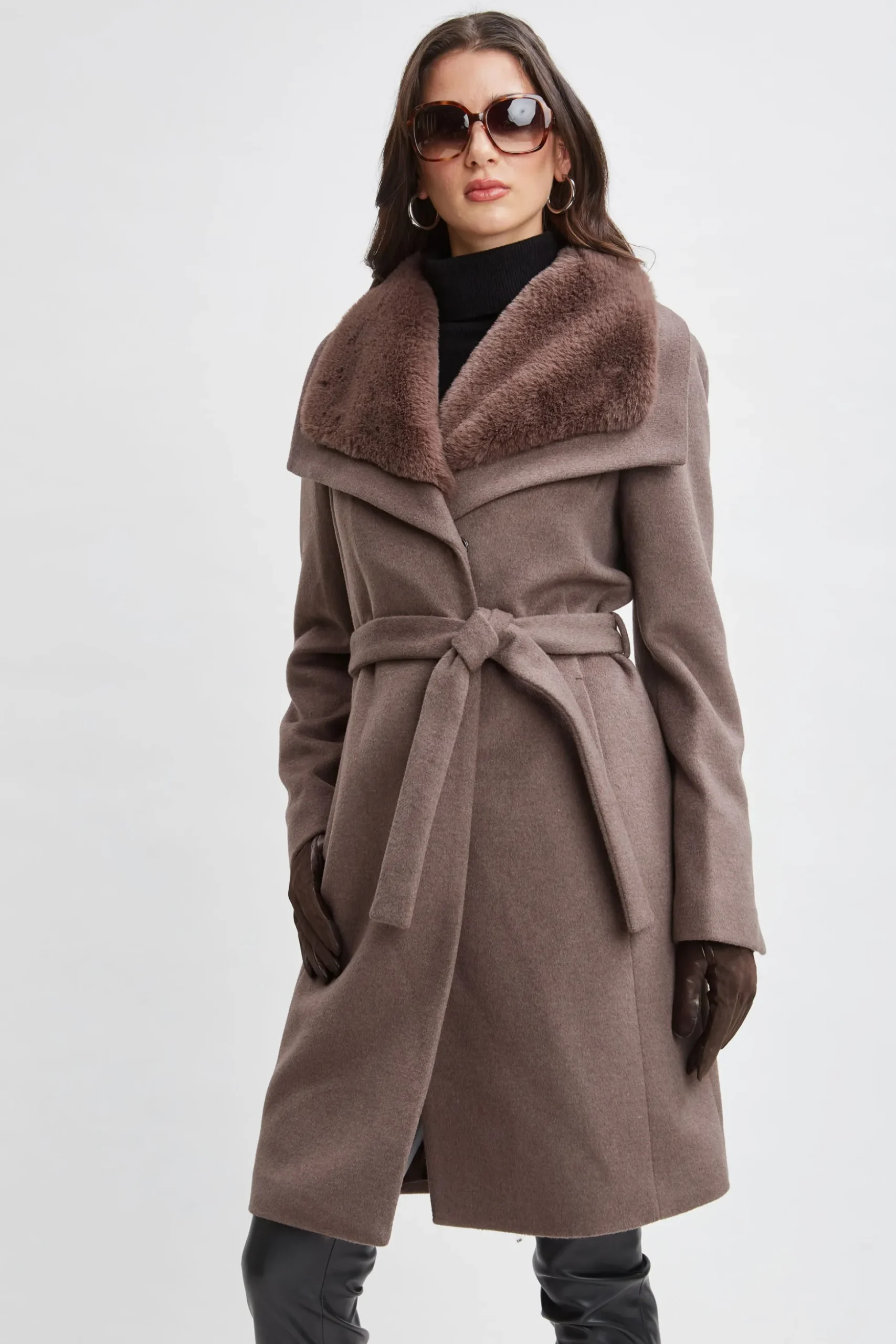 Elie Tahari Coats-Faux Fur Collar Wool Wrap Coat Mink
