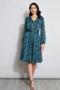 Elie Tahari Dresses & Jumpsuits|Long Sleeve Dresses-Floral Long Sleeve Belted Dress FORGETMENOTPRINT