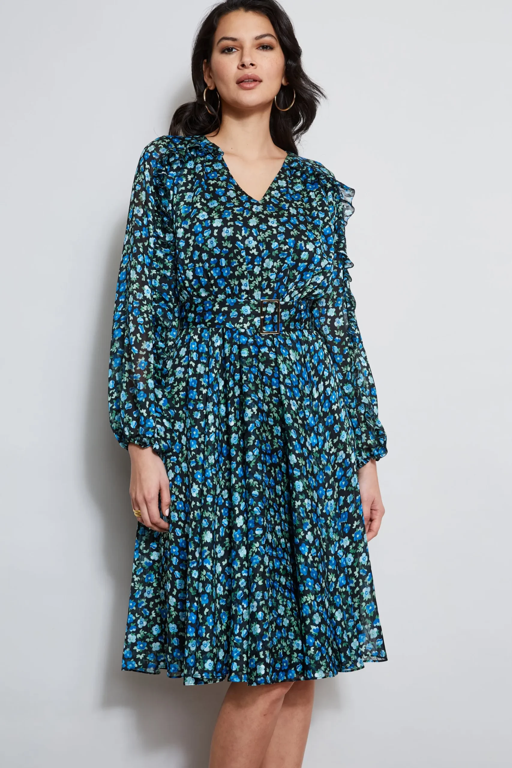 Elie Tahari Dresses & Jumpsuits|Long Sleeve Dresses-Floral Long Sleeve Belted Dress FORGETMENOTPRINT