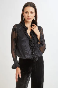 Elie Tahari Tops & Sweaters-Floral Satin Burnout Blouson Shirt BLACK