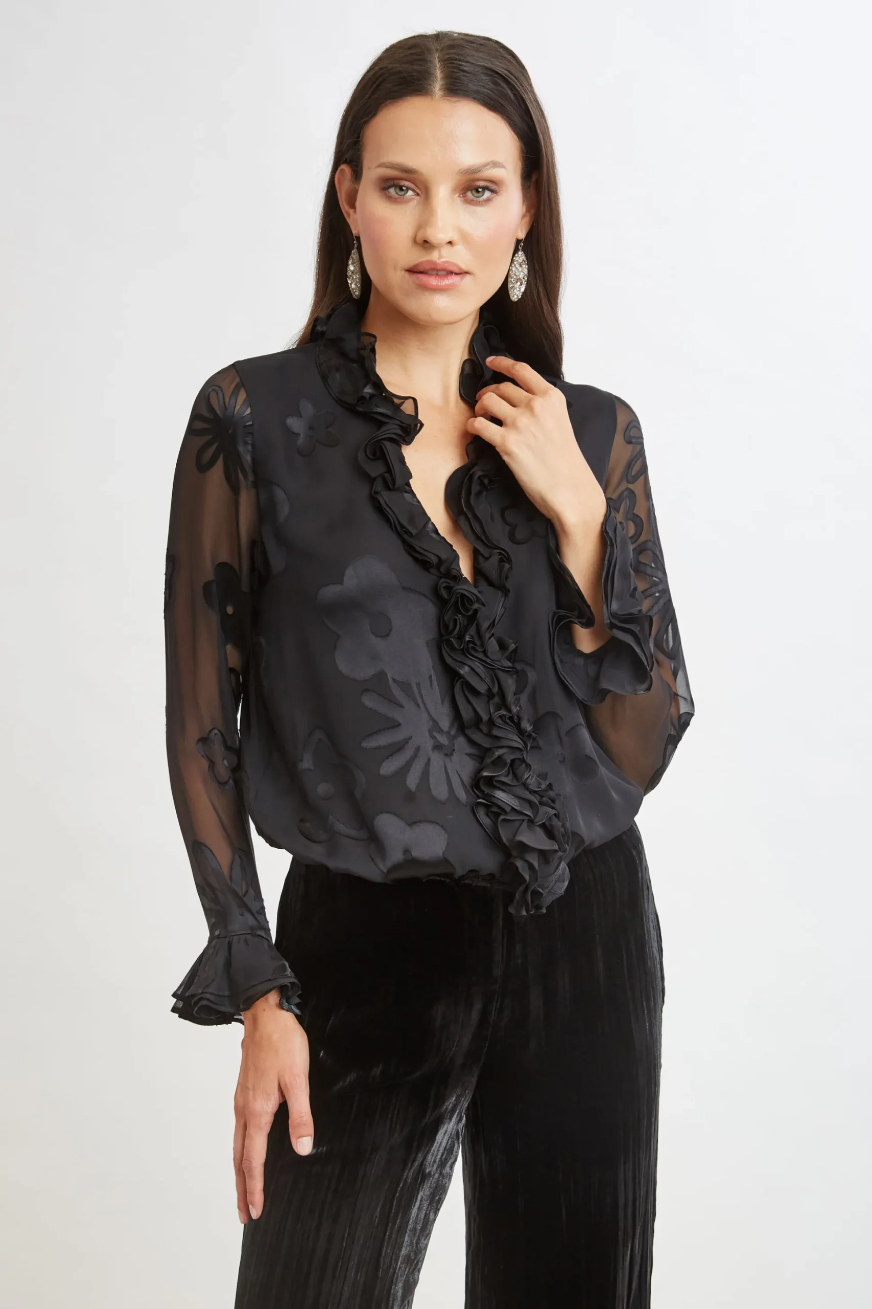 Elie Tahari Tops & Sweaters-Floral Satin Burnout Blouson Shirt BLACK