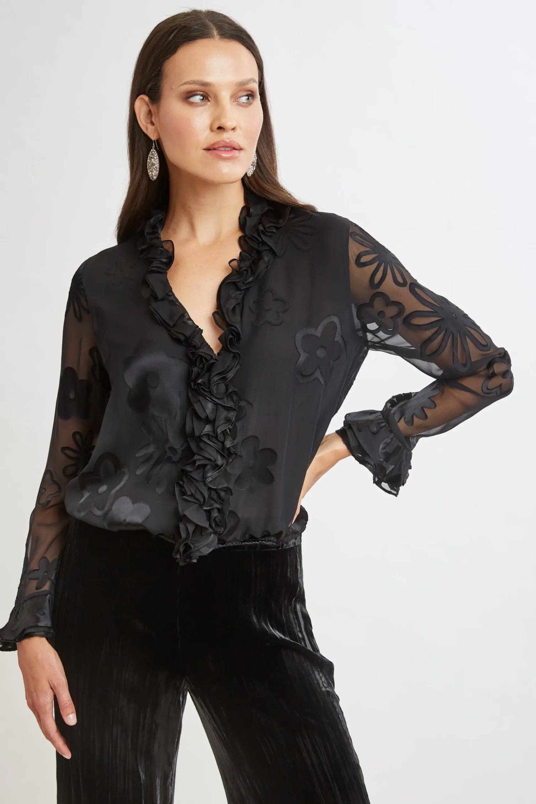 Elie Tahari Tops & Sweaters-Floral Satin Burnout Blouson Shirt BLACK