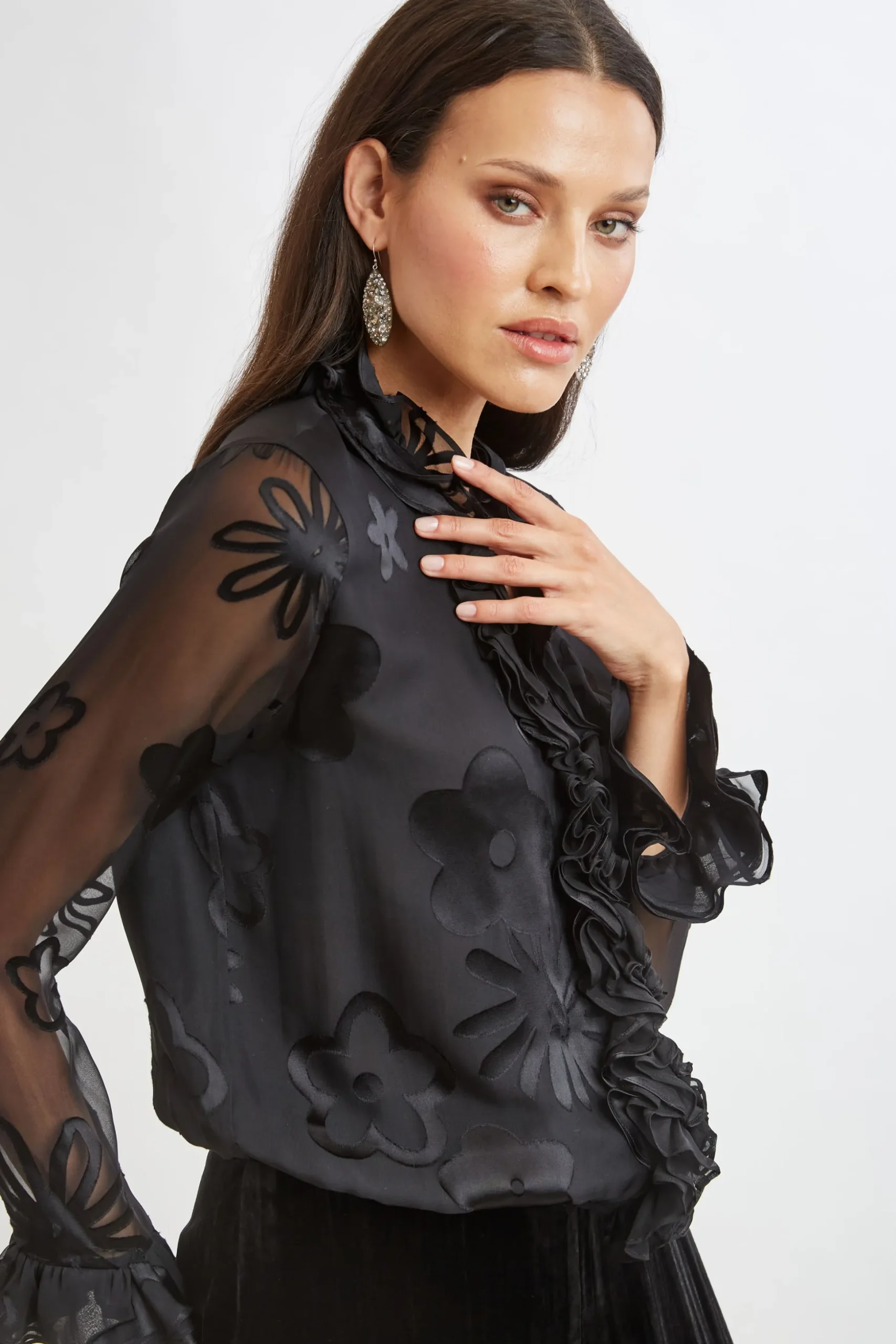 Elie Tahari Tops & Sweaters-Floral Satin Burnout Blouson Shirt BLACK