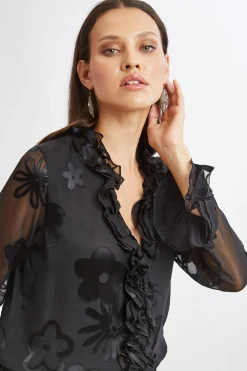 Elie Tahari Tops & Sweaters-Floral Satin Burnout Blouson Shirt BLACK
