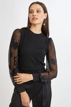 Elie Tahari Tops & Sweaters-Floral Satin Burnout Combo Knit BLACK