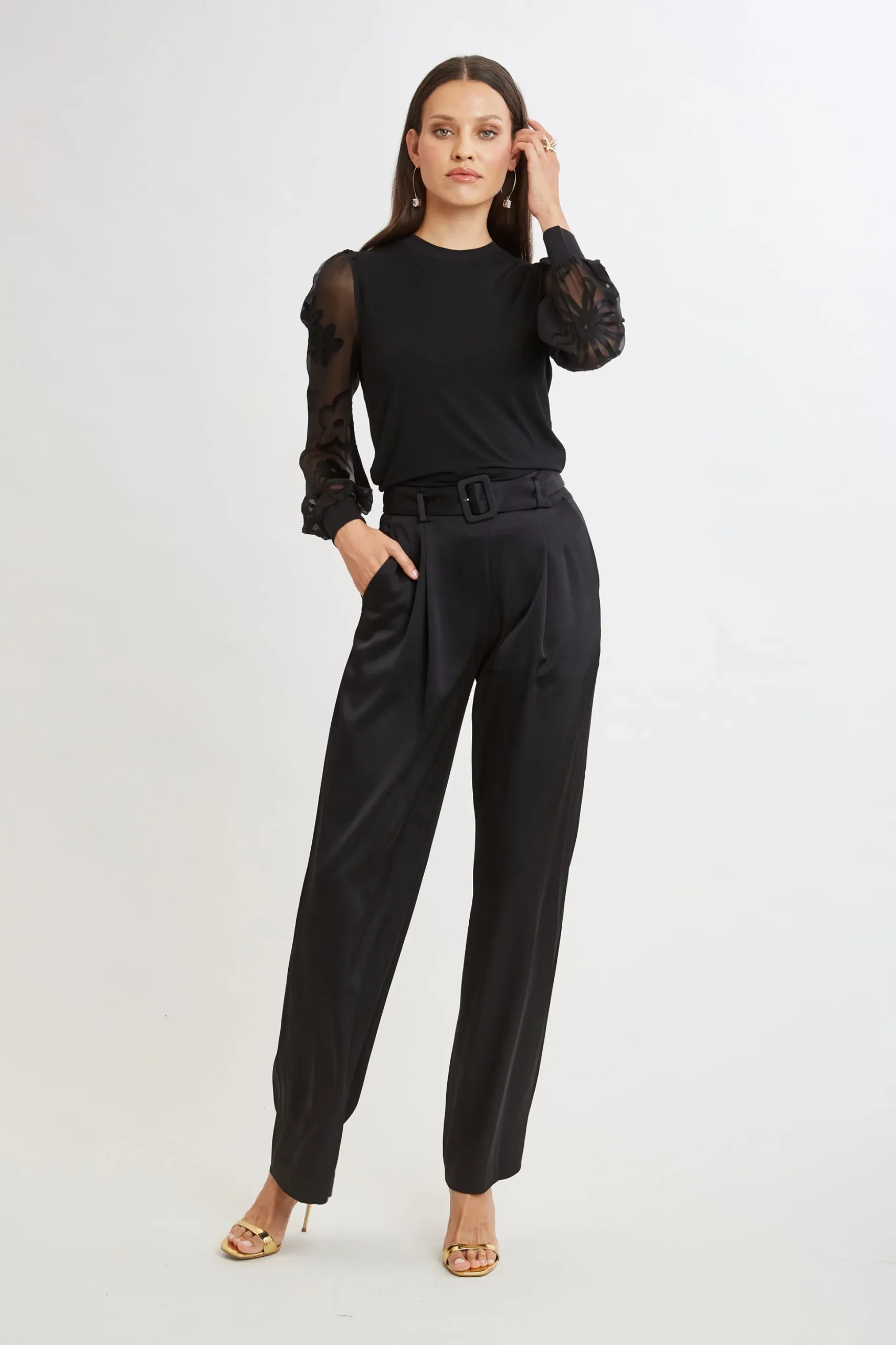 Elie Tahari Tops & Sweaters-Floral Satin Burnout Combo Knit BLACK