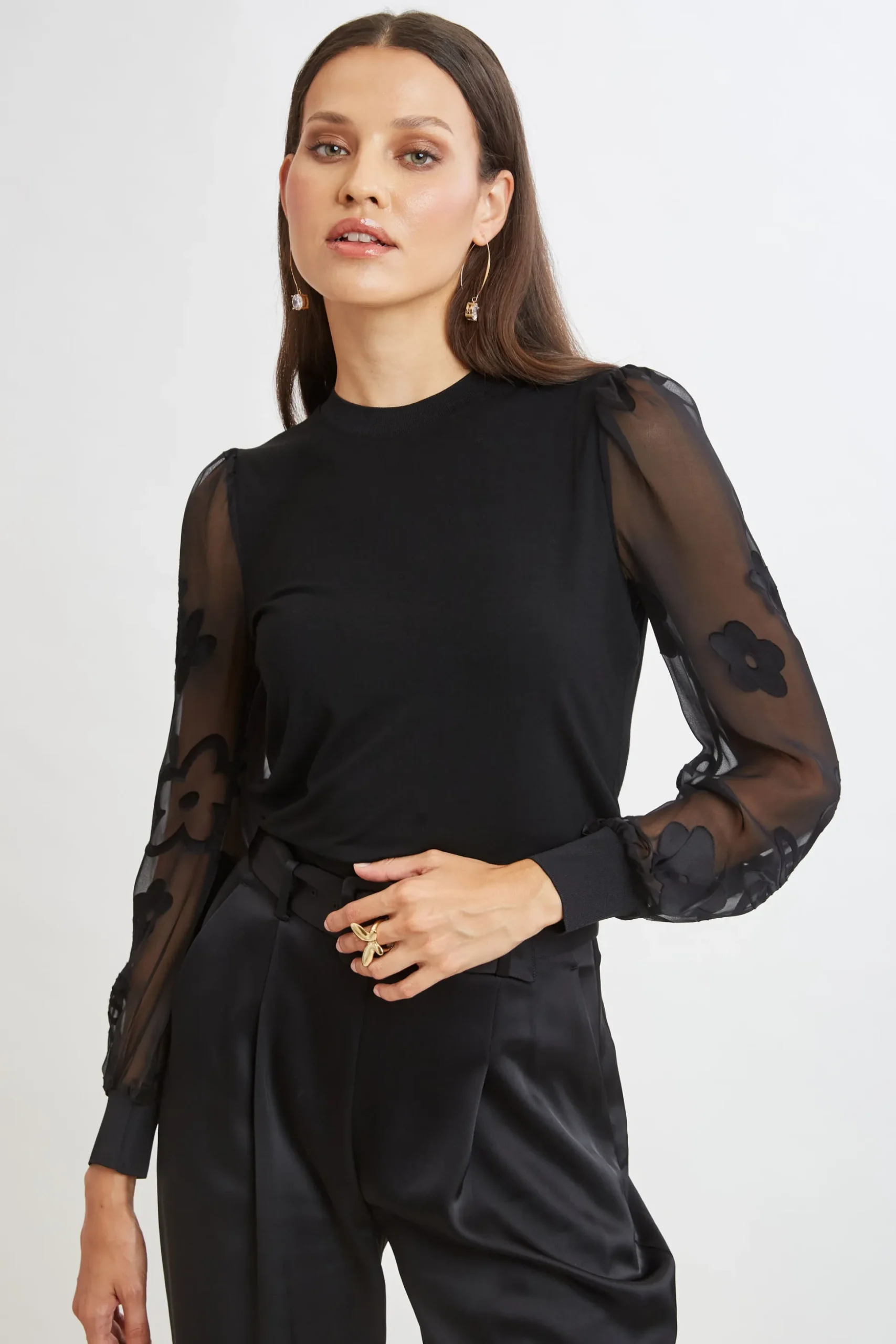 Elie Tahari Tops & Sweaters-Floral Satin Burnout Combo Knit BLACK