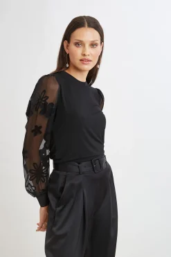 Elie Tahari Tops & Sweaters-Floral Satin Burnout Combo Knit BLACK