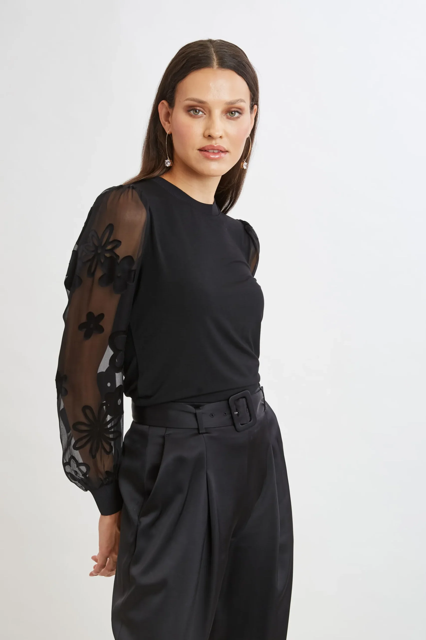 Elie Tahari Tops & Sweaters-Floral Satin Burnout Combo Knit BLACK