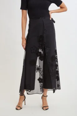 Elie Tahari Bottoms-Floral Satin Burnout Overlay Pant BLACK