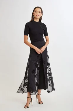 Elie Tahari Bottoms-Floral Satin Burnout Overlay Pant BLACK