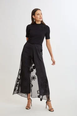 Elie Tahari Bottoms-Floral Satin Burnout Overlay Pant BLACK