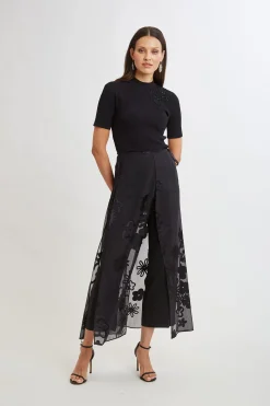 Elie Tahari Bottoms-Floral Satin Burnout Overlay Pant BLACK