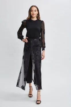 Elie Tahari Bottoms-Floral Satin Burnout Overlay Pant BLACK